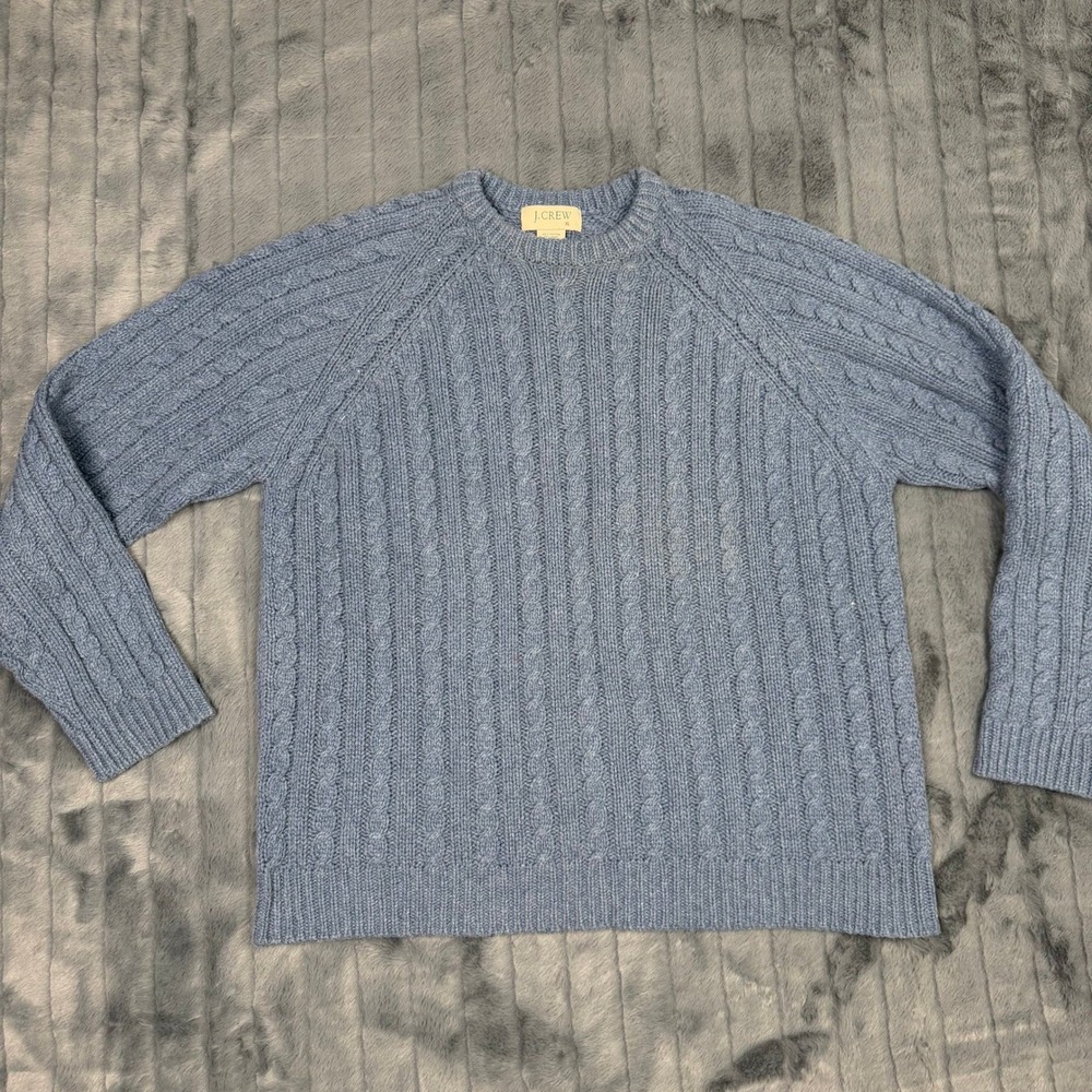 J.Crew Mens XL Blue Cable Knit Cotton Wool Blend Crewneck Sweater 7935